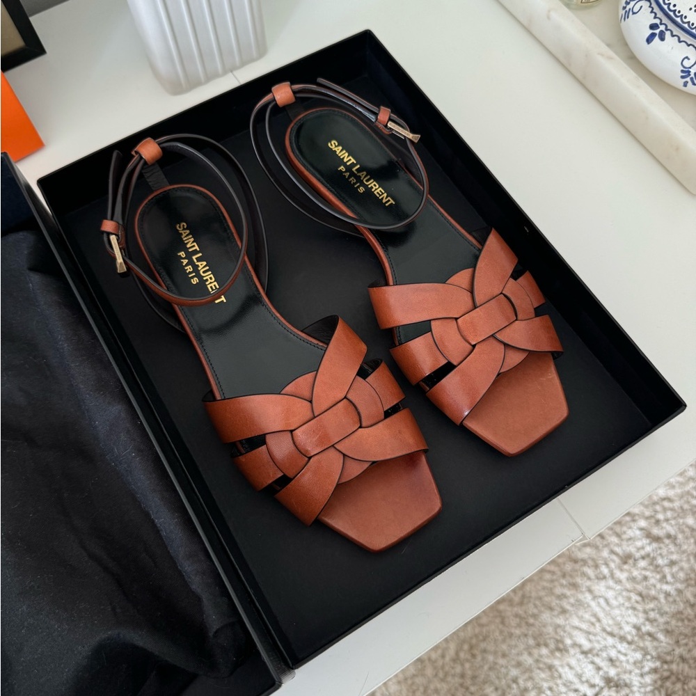 Saint Laurent Brown Leather Tribute Ankle Strap - Flat Sandals